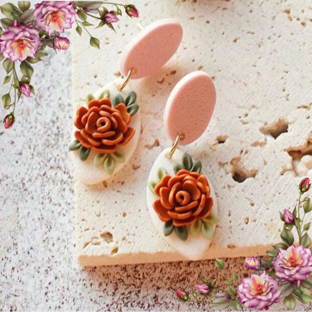 Floral Pink‎ and White drop Earrings